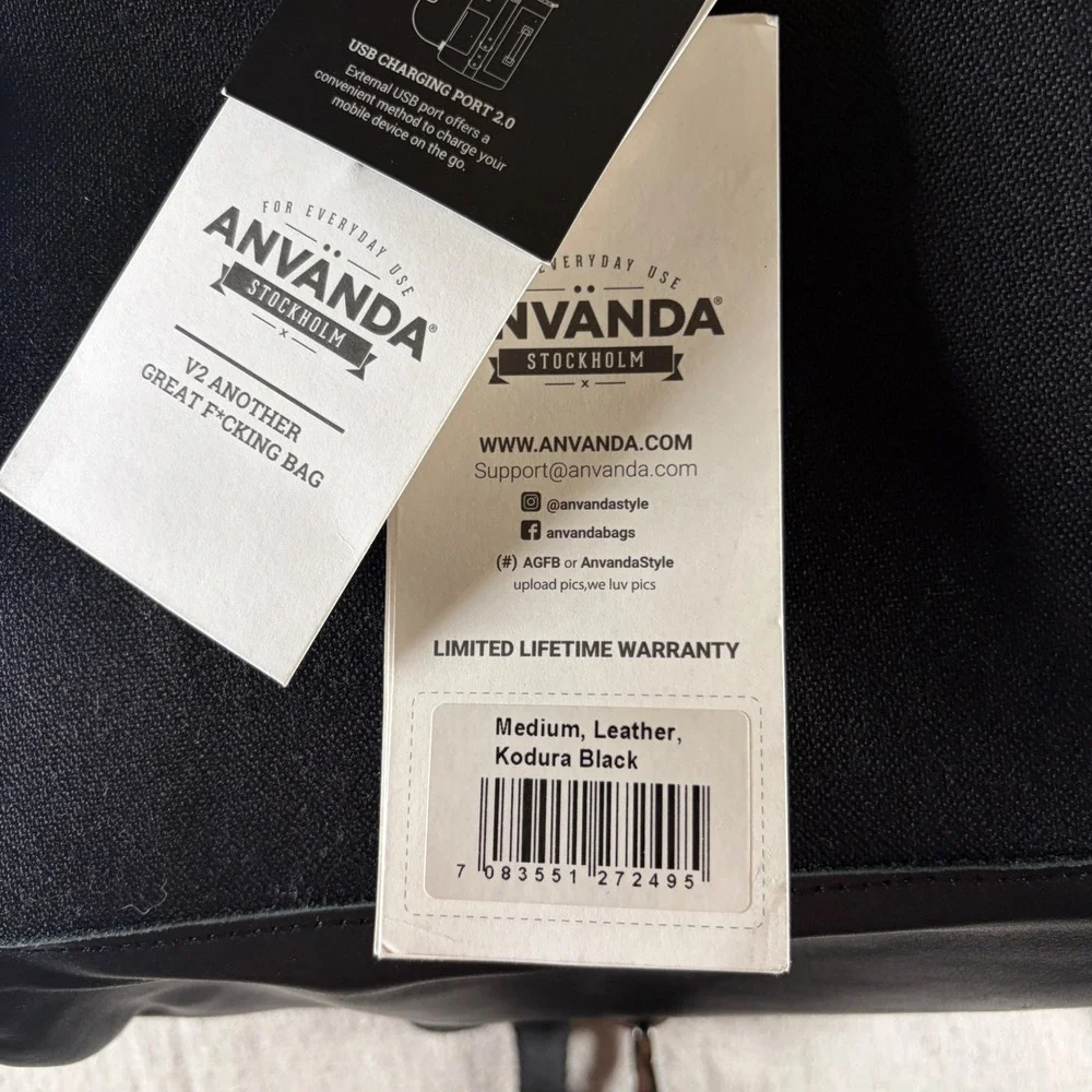 Anvanda V2 Backpack Unisex Medium Kodura Black Leather USB Charging Port NWT